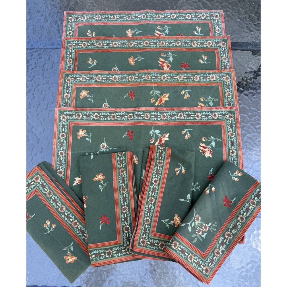 World Market Lot Of 4 Placemats And 4 Napkins Green Orange Floral Fall Autumn